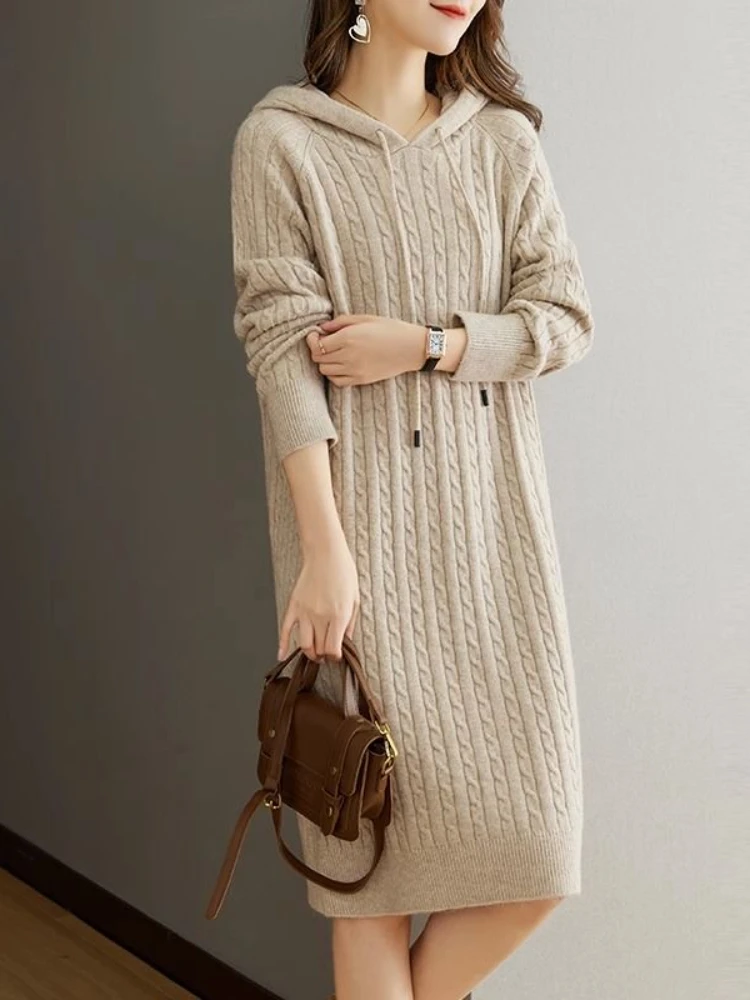 

Spring and Autumn New Fried Dough Twists Knitting Long Over The Knee Hooded Dress Women's Loose Sweater Bottoming Baita Dress