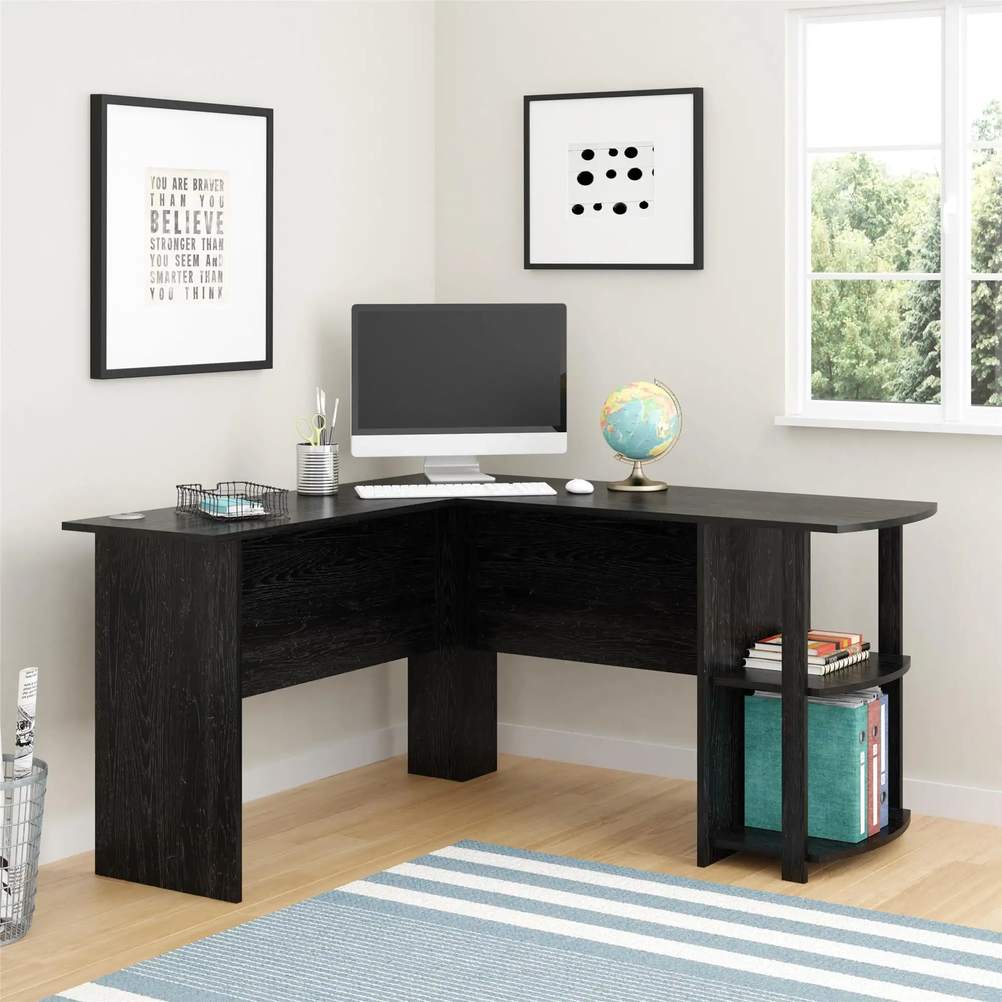 Dominic L Desk with Bookshelves, Black Oak Laptop Table Laptop Desk Office Furniture