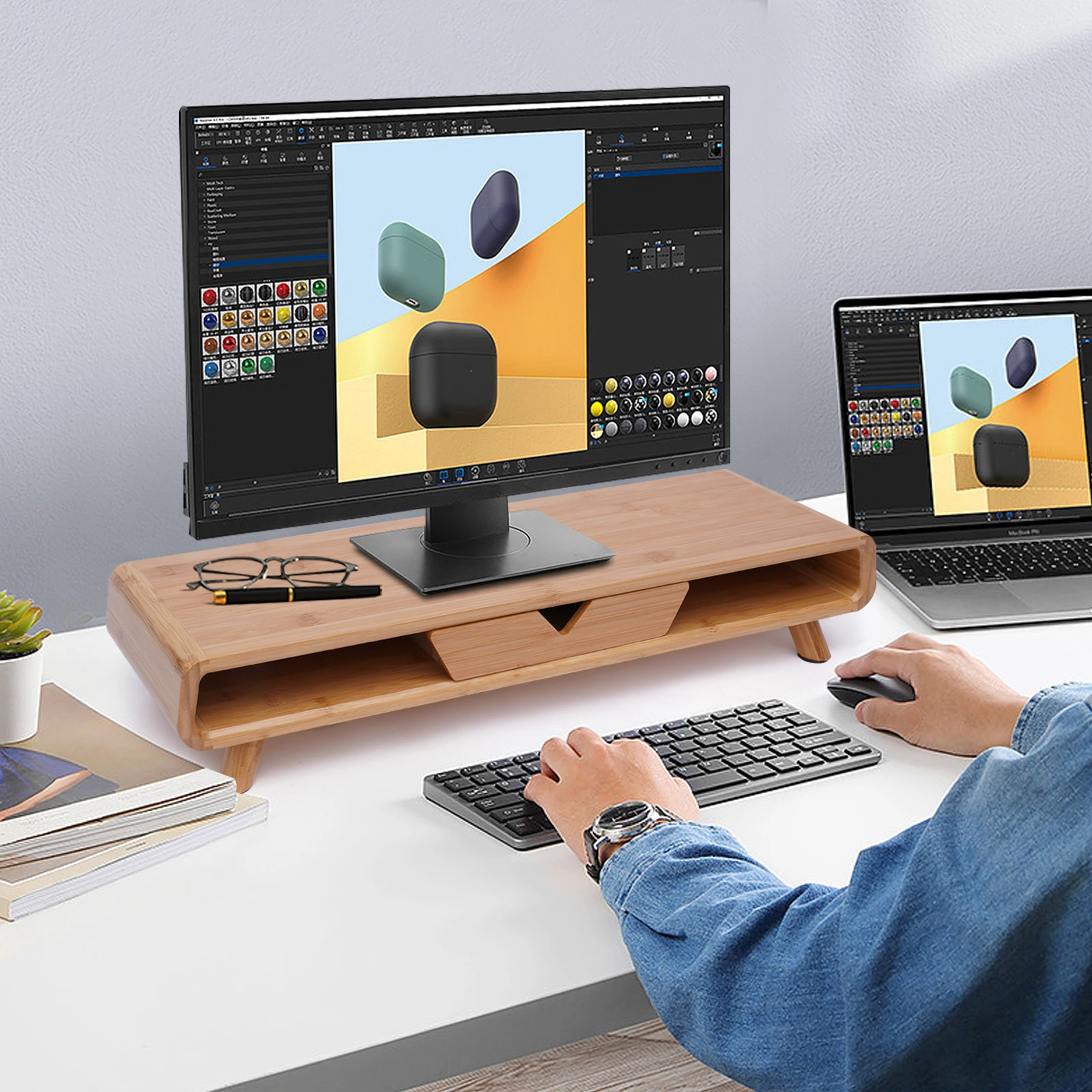 Description Picture 2 of item2-Tiers Bamboo Monitor Stand Stand Riser Desk Organizer Laptop Stand Desktop Bamboo Wood Monitor Stand