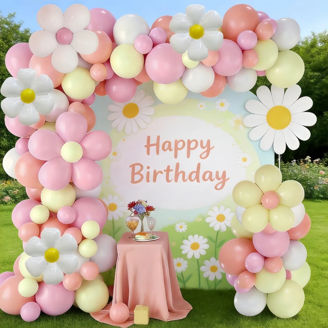 120-teiliges Rosa Gänseblümchen-Ballonbogen-Set, Gänseblümchen-Folienballons Kombiniert mit Macaron-Rosa, Gelb und Orange Ballon-Kombinationen, Ideale Wahl für Frühlings-Geburtstagsfeiern, Babypartys, Hochzeiten im Fre – Detail 6
