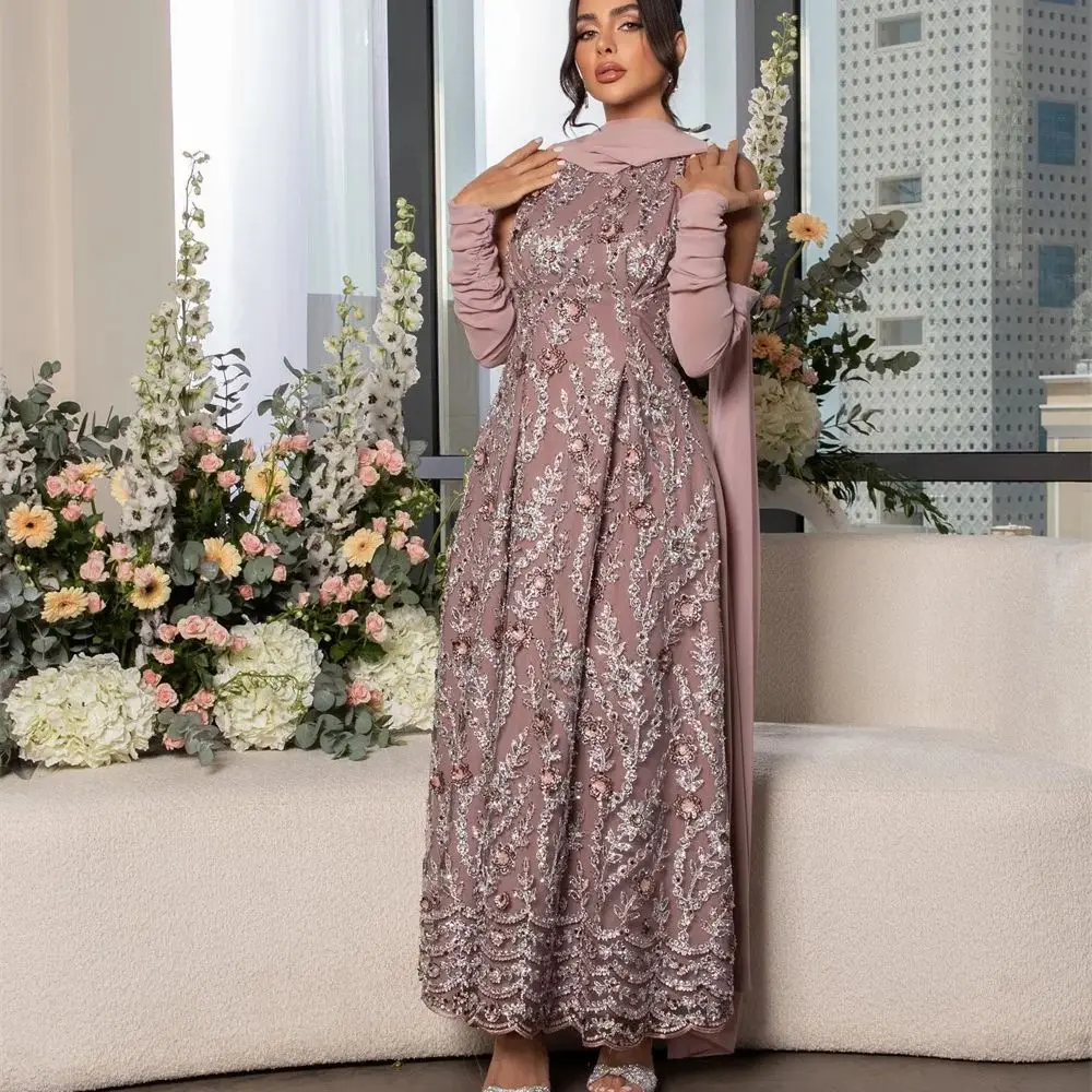 

Sequin Lace Applique Prom Gown with Detachable Sleeves Exquisite Ankle-Length Evening Dresses for Women فساتين للحفلات الراقصة