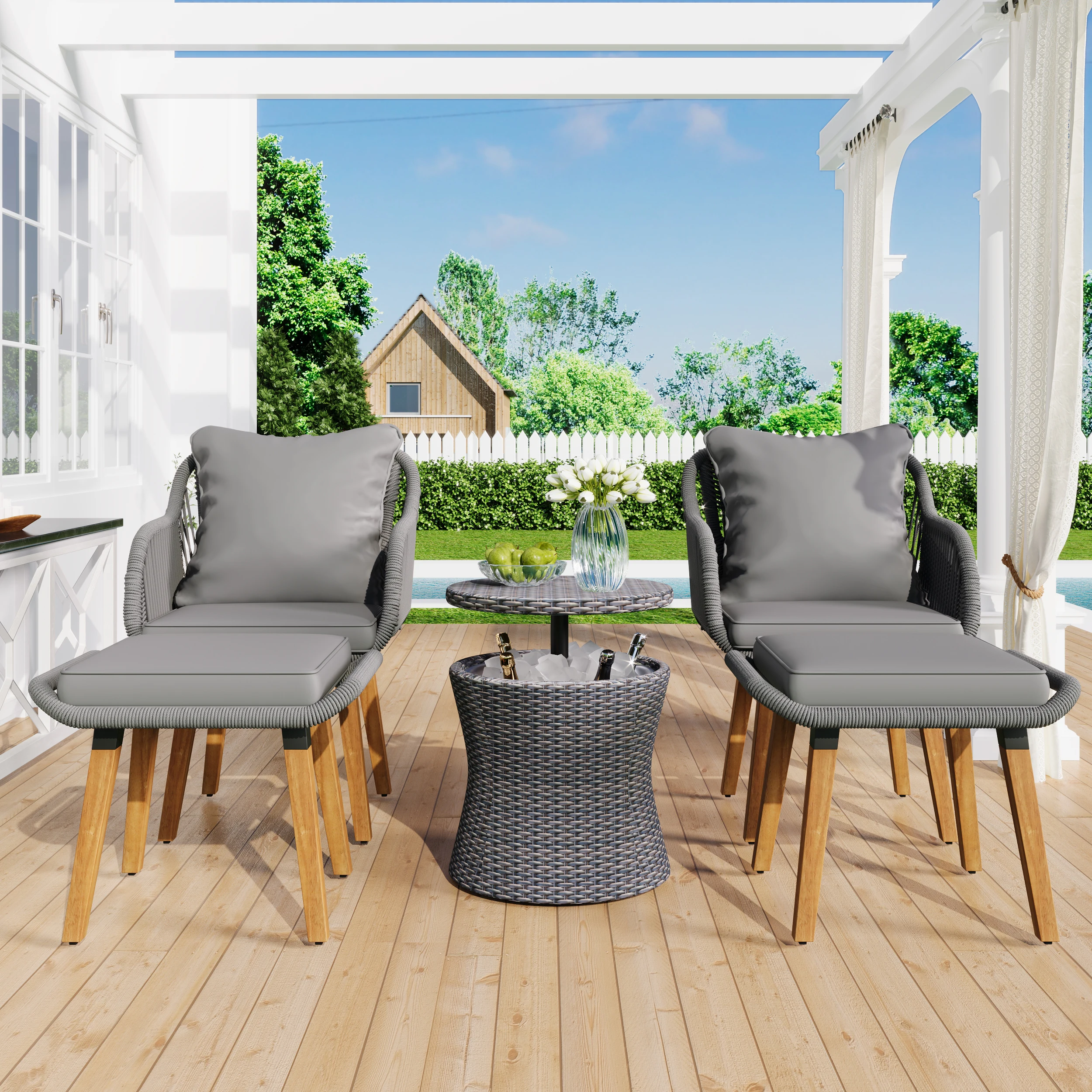 5 Pieces Outdoor Patio Furniture Set Wicker Bar Table with 2 Bistro Conversation Set With Single Chairs and Stools for Balcony