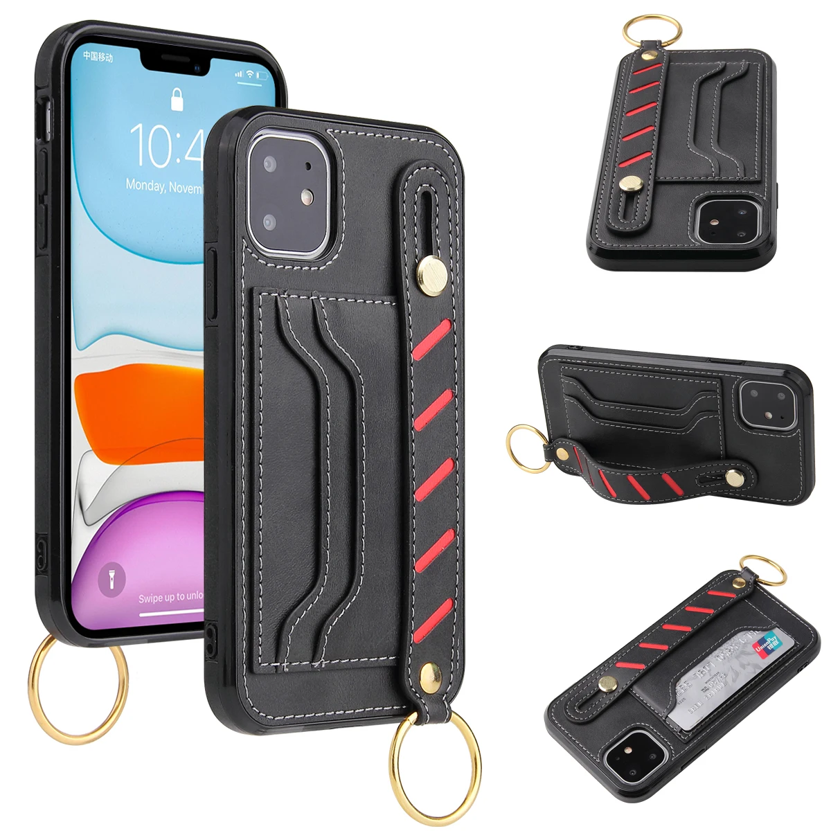 Leather Card Holder Case With Wristband For iPhone
