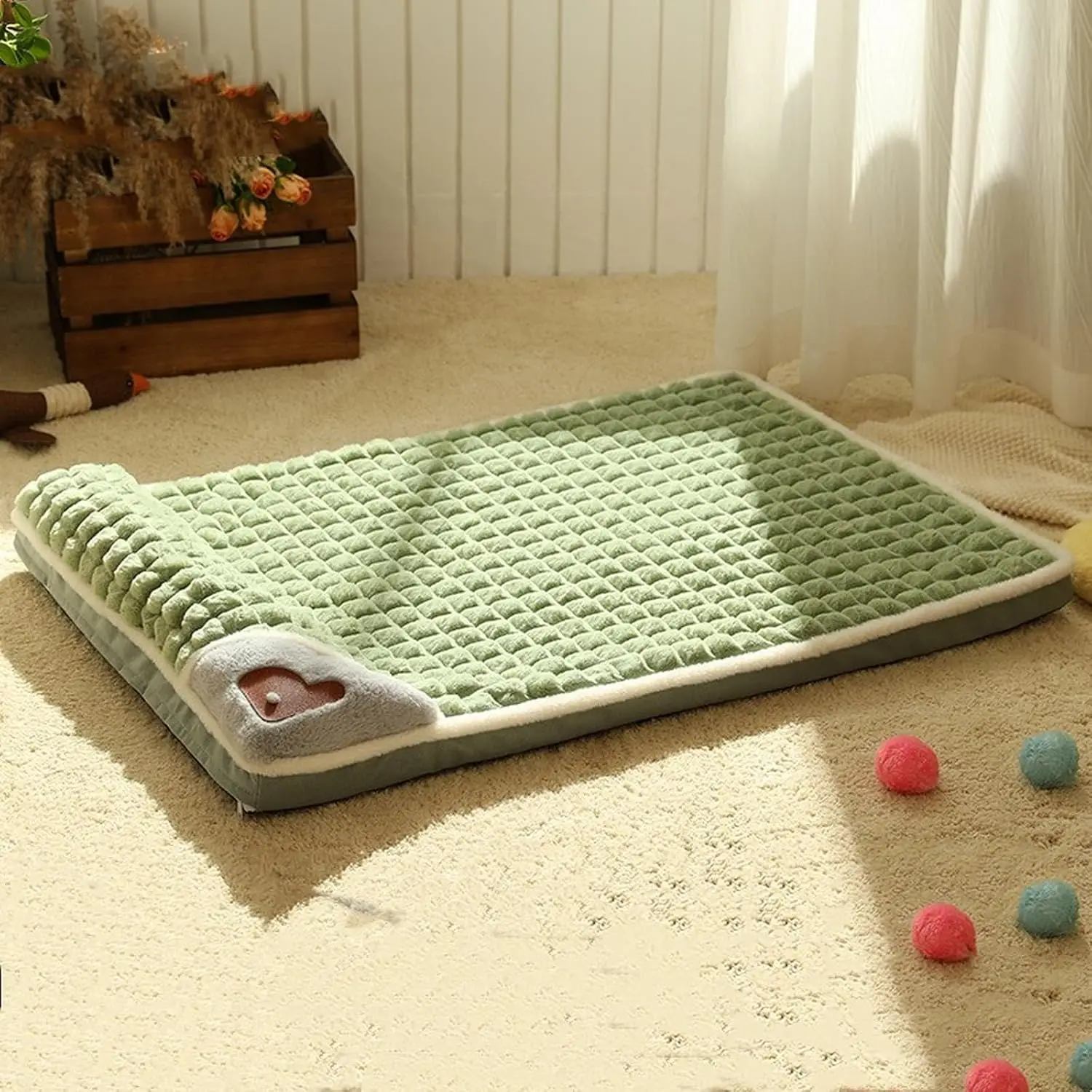 Plaid Square Dog Bed Mat, Polyester Fiber Filled Detachable Pet Couch for Medium, Small & Large Dogs, Soft Sleep Pad