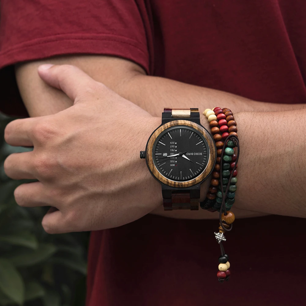BOBO BIRD Couple Watches Color Blocking Wooden Wristwatch for Men / Women Valentine's Day Gift 4