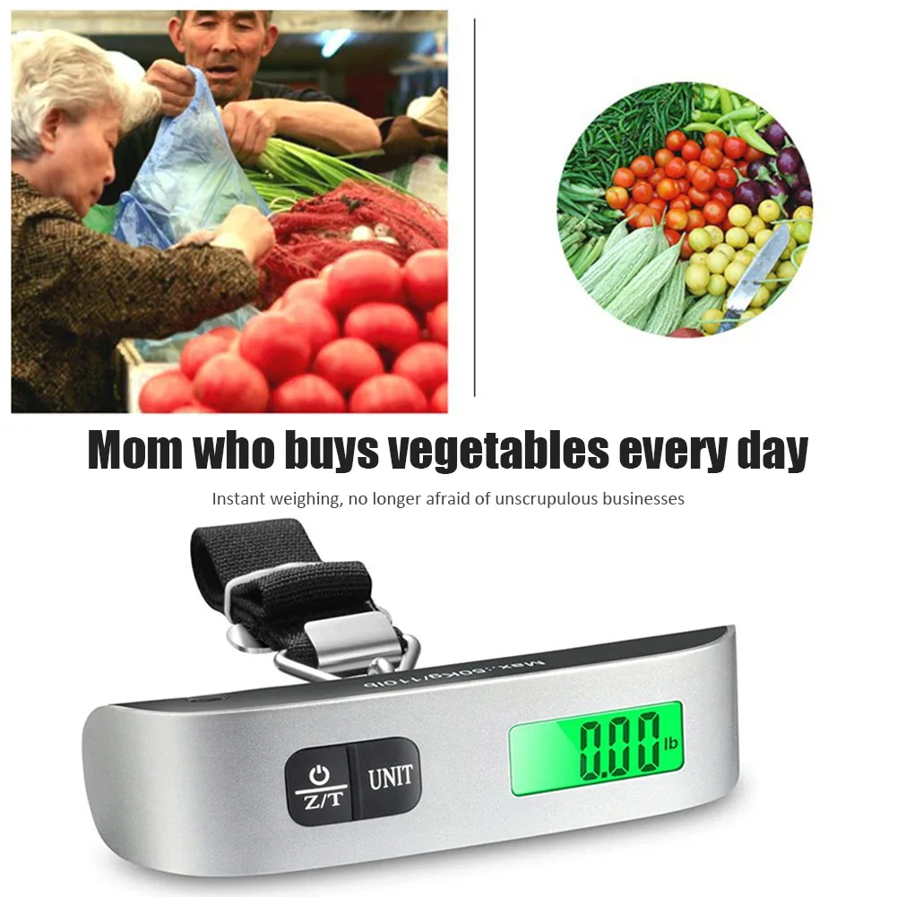 LCD 디지털 수하물 저울 50kg, 휴대용 전자 저울, 무게 균형 가방, 여행 가방, 걸이형 스틸 야드 후크, 낚시 저울
