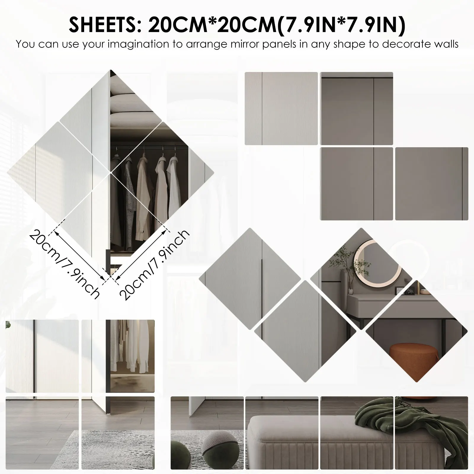 8PCS Mirror Wall Sticker Self Adhesive Mirror Tiles Acrylic Squares Home Decorative Stickers Sheets Acrylic