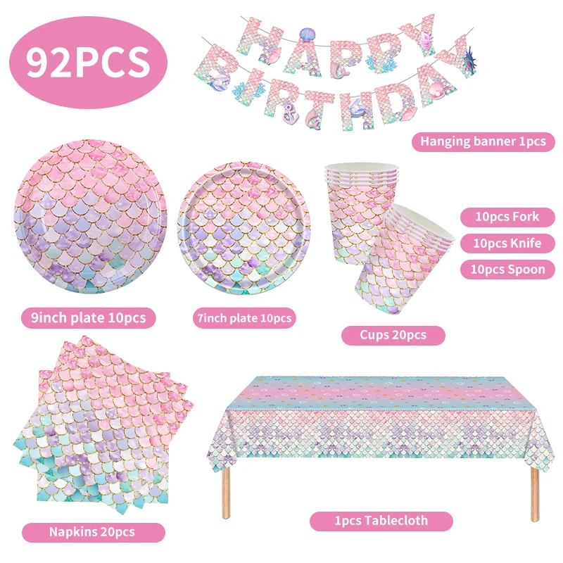 NEUES Meerjungfrau-Geburtstags-Dekorationsset Teller Becher Servietten Hintergrund Ballons Tischdecke Geschenktüte Meerjungfrau-Geburtstagsparty-Zubehör – Detail 4