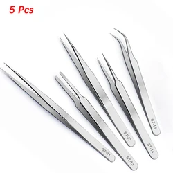 Premium Stainless Steel Antistatic Watchmaking Tweezers - Set of 1 or 5, Straight & Elbow Handle, High Hardness for Precise Watch Hands Installation (5 Pcs Set)