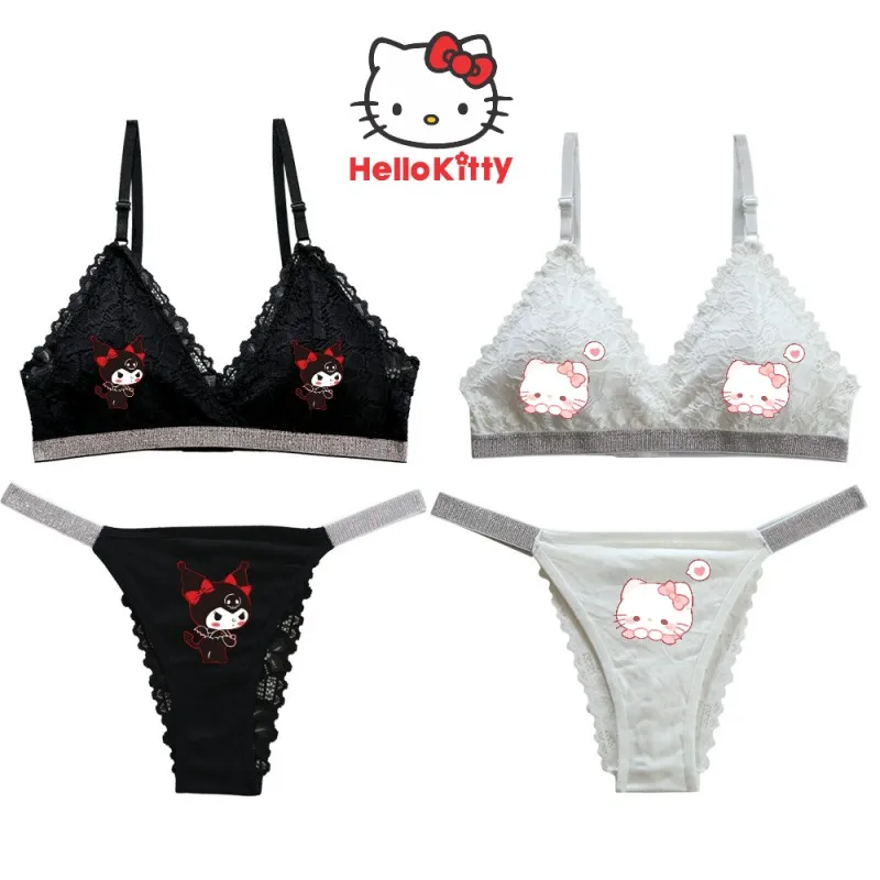 New French Lingerie Sexy Lace Bra Panties Set Anime Hello Kitty