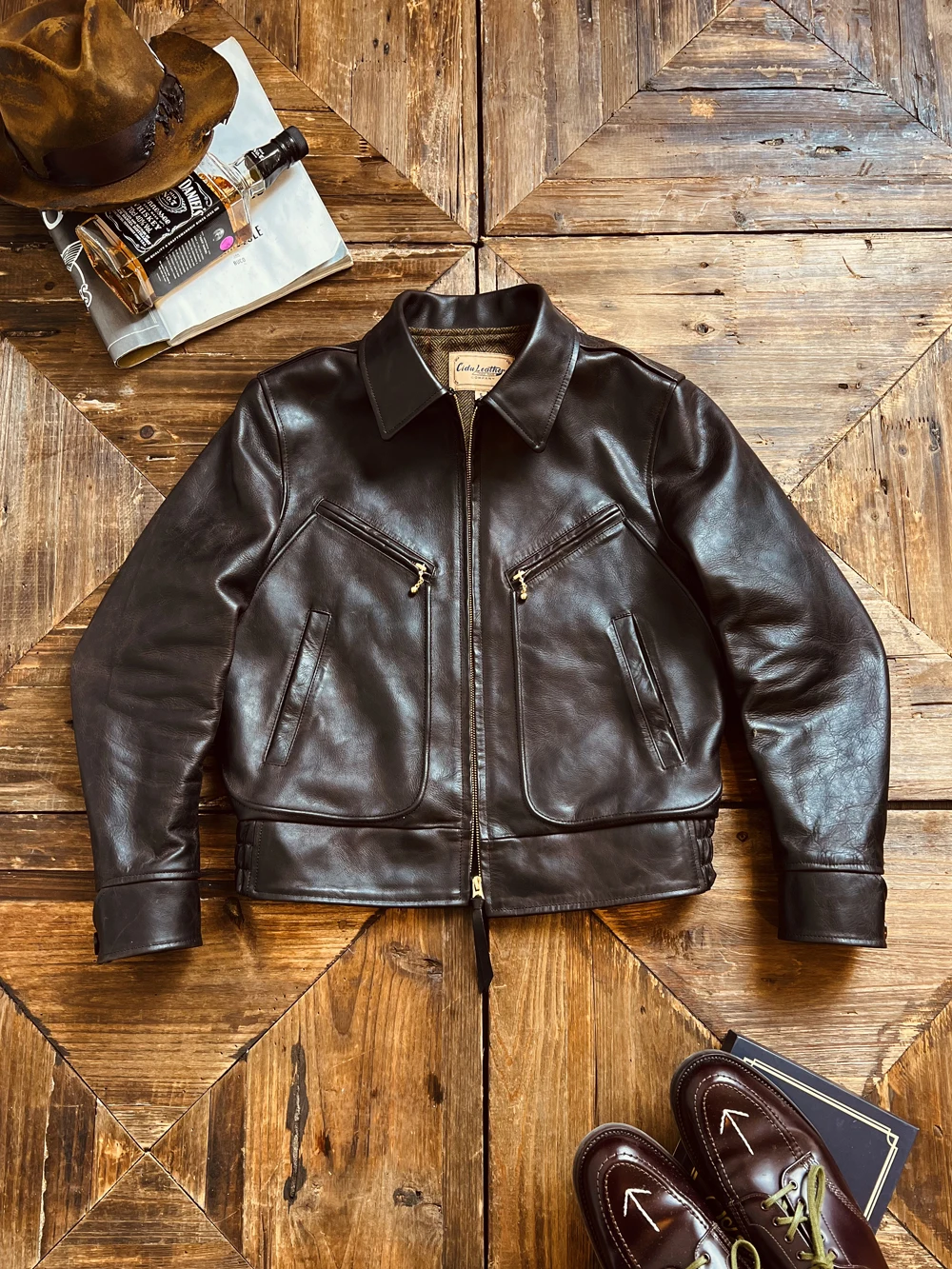 

Tailor Brando Italian Uncoated Batik Cowhide Mechanic Flight Jacket Vintage Leather Jacket