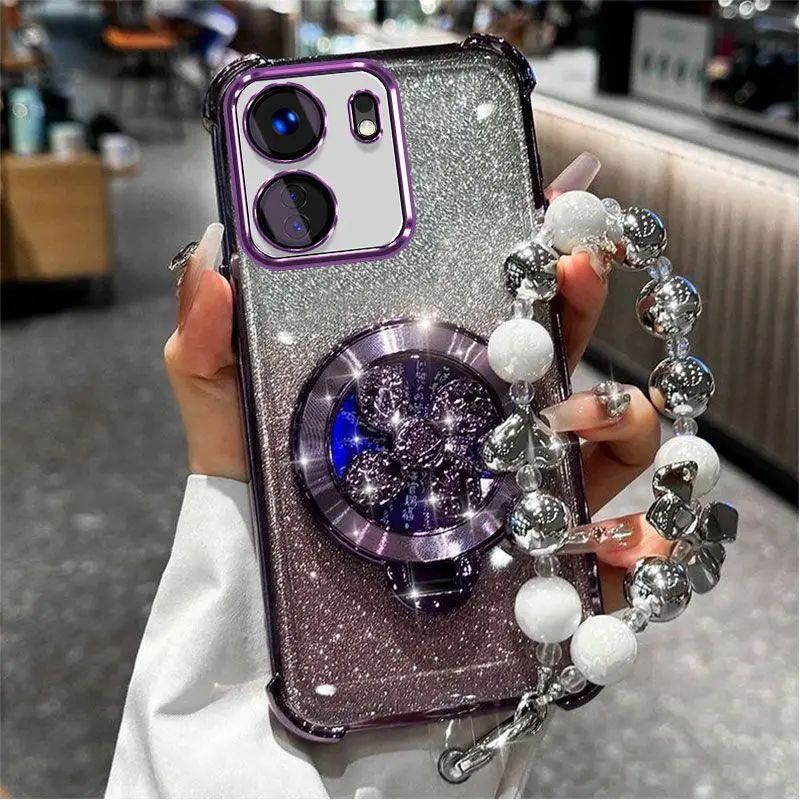Gradient Glitter Phone Case with Hand Strap and Electroplated Finish