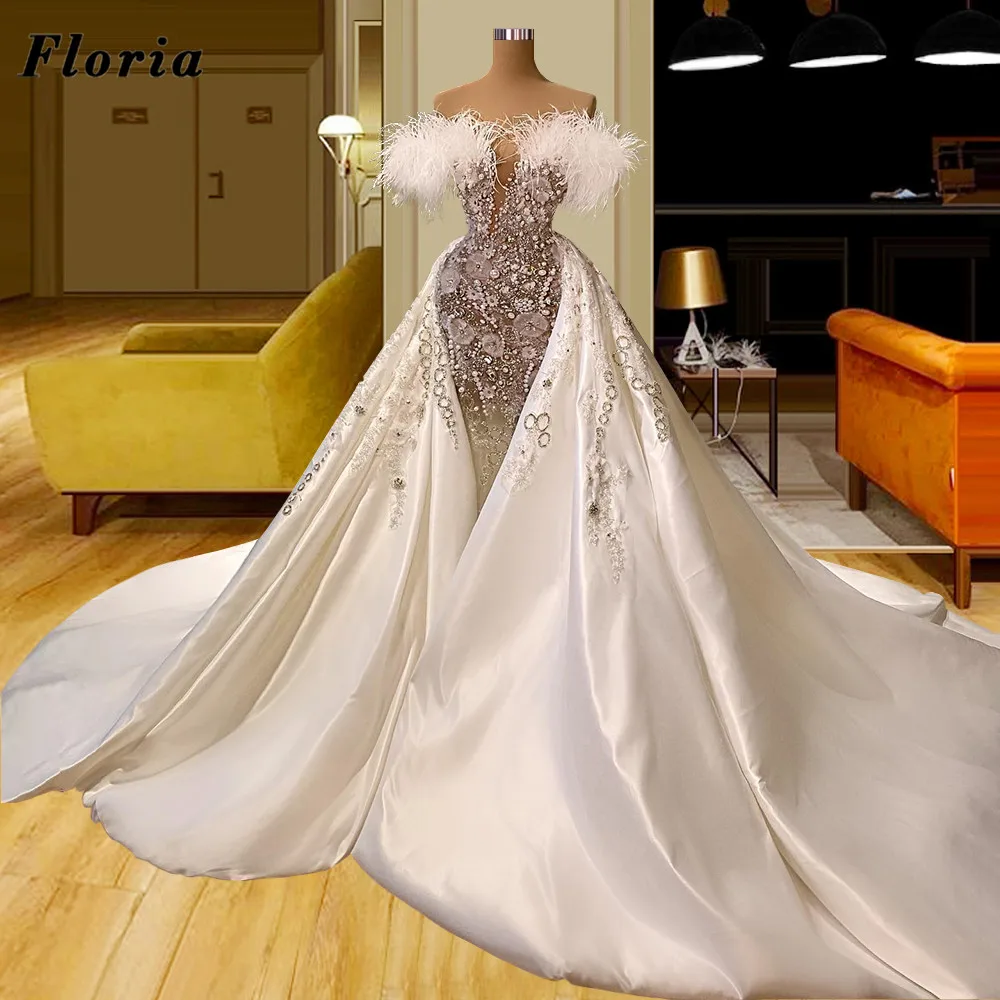 

Floria Gorgeous Feathers Long Party Dresses For Weddings Turkish Dubai Beaded Crystals Evening Wear Newest Women Prom Dress 2022