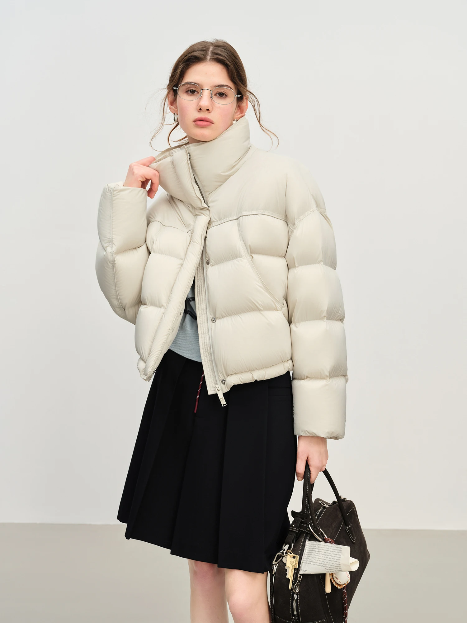 FSLE Winter 2025 Women Cloud-Like Puffer Coat - Stand Collar Short Down Jacket Lazy Chic Style Glossy Finish for Casual Comfort
