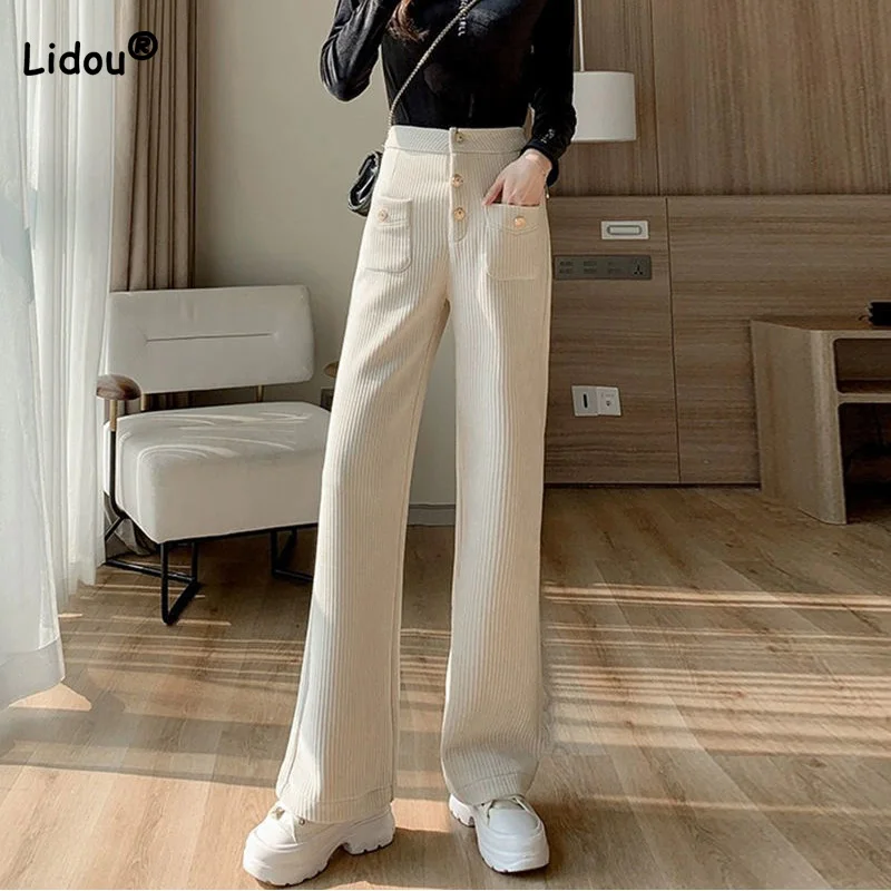 Autumn Winter Women Clothing All-match Double Pocket Corduroy Straight Trousers Casual Button Fleece to Keep Warm Wide Leg Pants