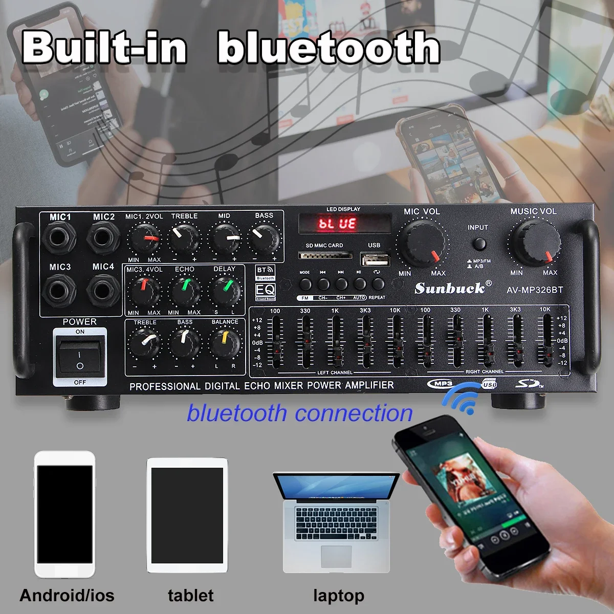 6188BT 블루투스 오디오 앰프 12V 220V 326BT 디지털 스테레오 앰프 마이크 입력 USB SD FM AUX 지원 가정용 차량용