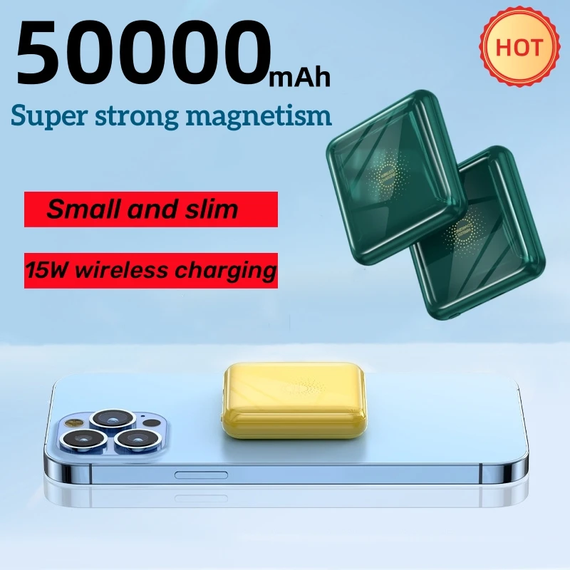 

Легкий внешний аккумулятор большой емкости Power Bank с беспроводной зарядкой, портативный внешний аккумулятор, подходит для Xiaomi, Samsung, Apple, 50000 мАч