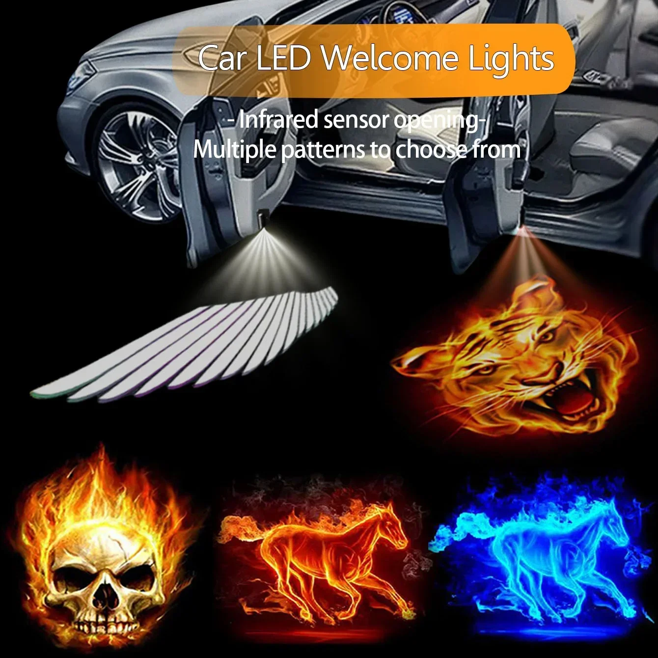 2PCS LED Automotive Universal Retrofit Welcome Light Induction Turn on Angel Wing Lima Tiger Skull Projector Ground Lighting