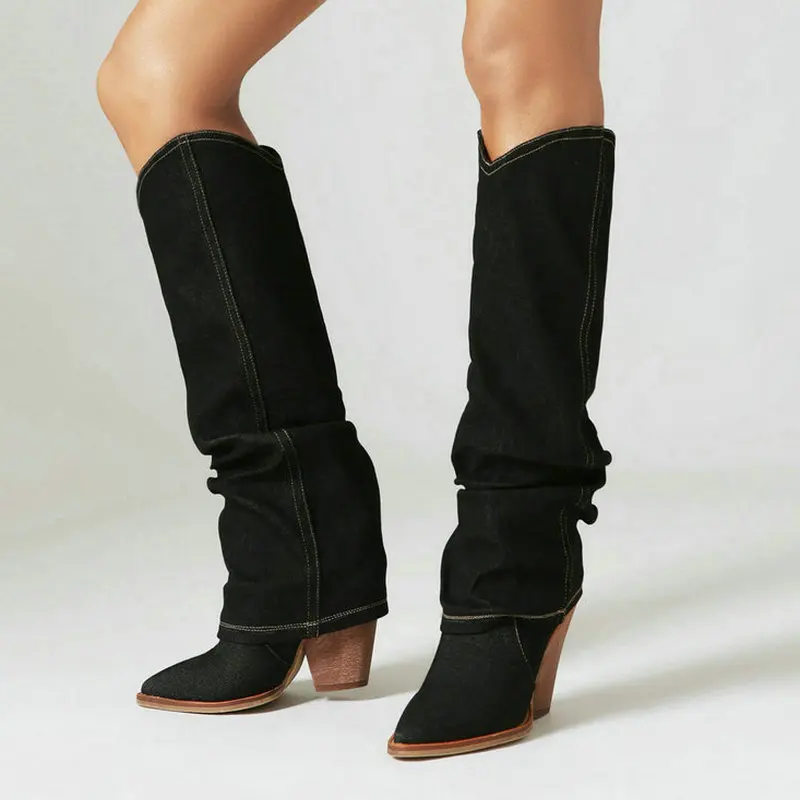 

2024 Women Knee High Boots Pointed Toe Wedges High Heel Ladies Western Boots Denim Fashion Dress Women's Boots Plus Size 43