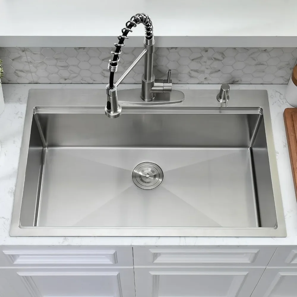 NEW-33 x 22 Drop In Kitchen Sink with Faucet Combo - 33x22 Drop In Sink and Faucet Combo Set,Stainless Steel 10 Inch Deep Single