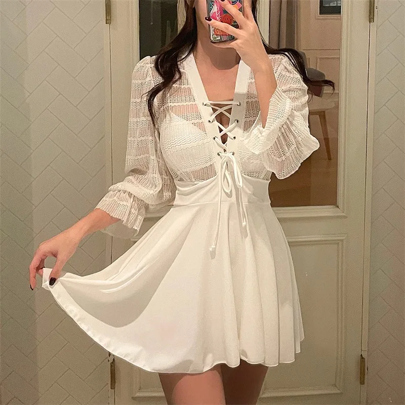 

2021 New Long-sleeved Swimsuit Female Fairy Fan Gathered Skirt Conservative Boxer Shorts Hot Spring Swimsuit Female