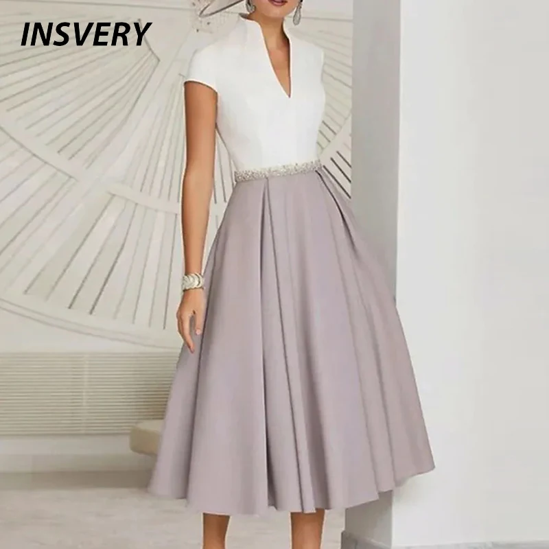 

Elegant Party Dress Women V Neck Short Sleeve Patchwork Design A-line Dresses For Women Office Long Dress