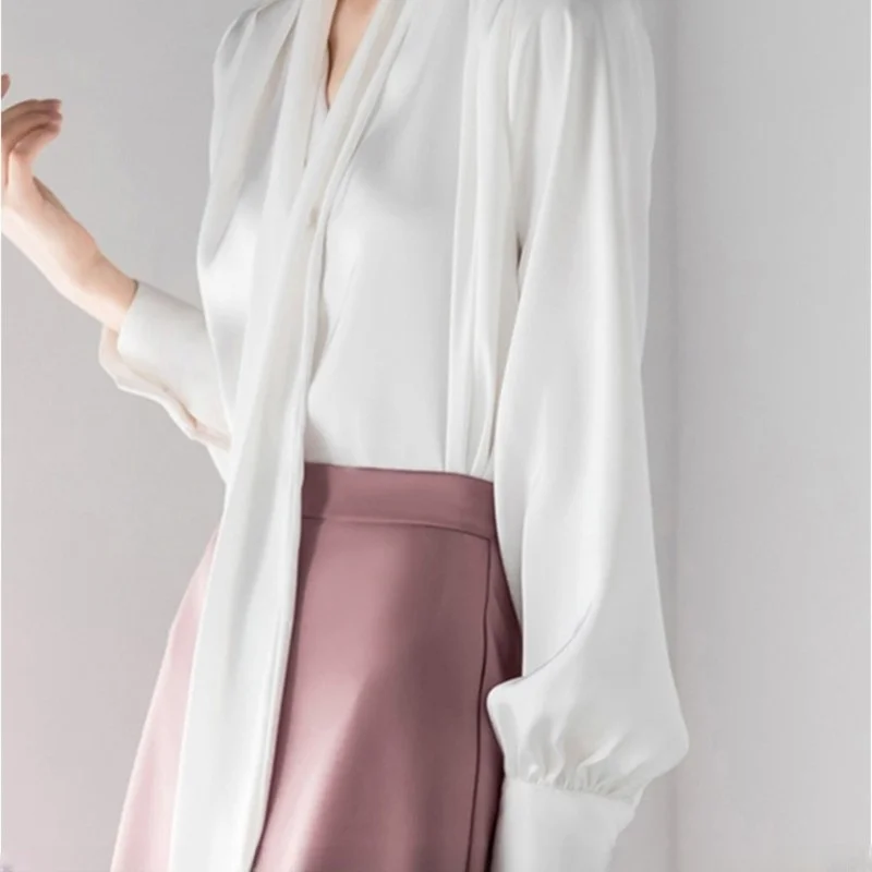 Silk Ribbon Solid Color Early New Long-Sleeved Shirt for Women Design Blouse