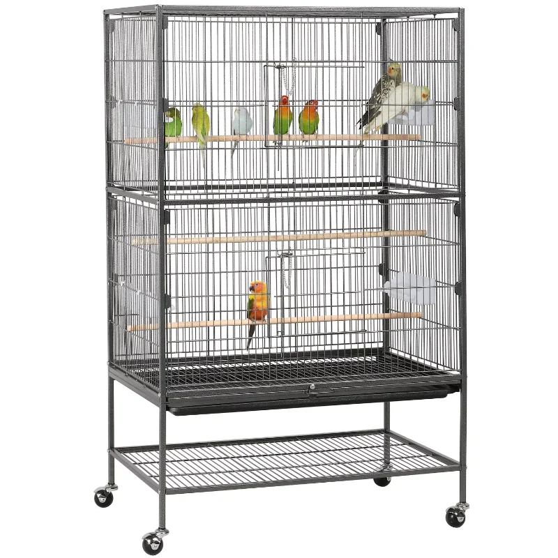 Metal Large Rolling Bird Cage 3 Perches 4 Feeders Extra Storage Shelf Black Bird Cage Decoration