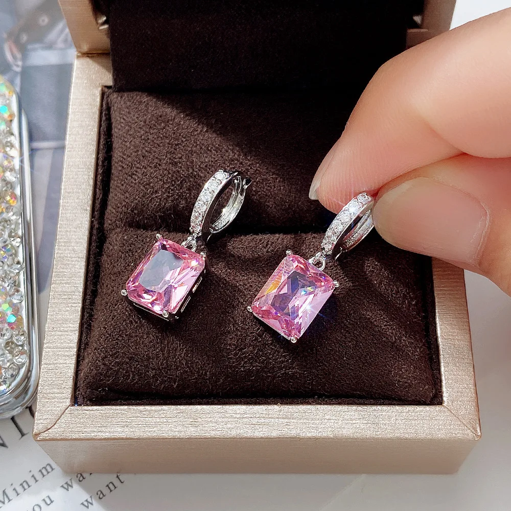 Groß Blau Gelb Rosa Grün Rechteck Stein Anhänger Ohrringe Für Frauen Silber Farbe Weiß Zirkon Hochzeit Tropfen Ohrring Schmuck CZ – Detail 5