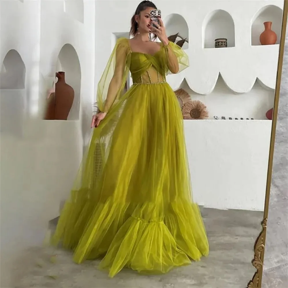 

New Green A-Line Prom Dress Sweethear Neck Long Sleeves Tulle Appliques Corset Wedding Party Dress Fashion Evening Dresses
