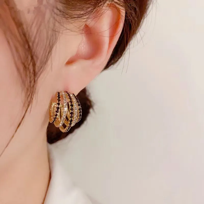 New C-Shape Round Inlaid Black Zircon Earrings Women\'s Personality Stylish Luxurious Daily Accessory Party Jewelry Birthday Gift