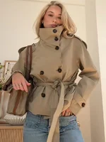 2025 Autumn Stand Collar Trench Coats For Women Fashion Long Sleeve Belt Double Breasted Jacket Lady High Street Chic Outerwear 1