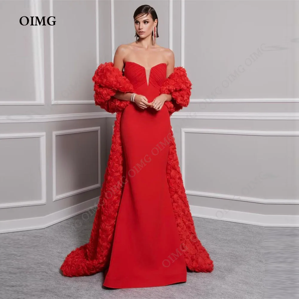 

OIMG Flwoers Wedding Party Dress Red Evening Bride Ball Gown Court Train Princess Strapless Plus Size Party Vestido de Noiva