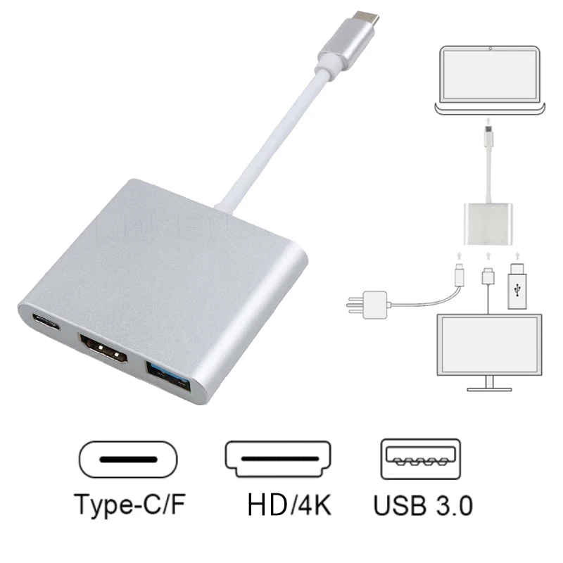 Usb-C 3 In1 Hub Usb C Thunderbolt3 A Hd Display Converter Usb 3.0 4K Uhd Type-C Pd Adattatore Per Cavo Di Ricarica Rapida Per Macbook Pro
