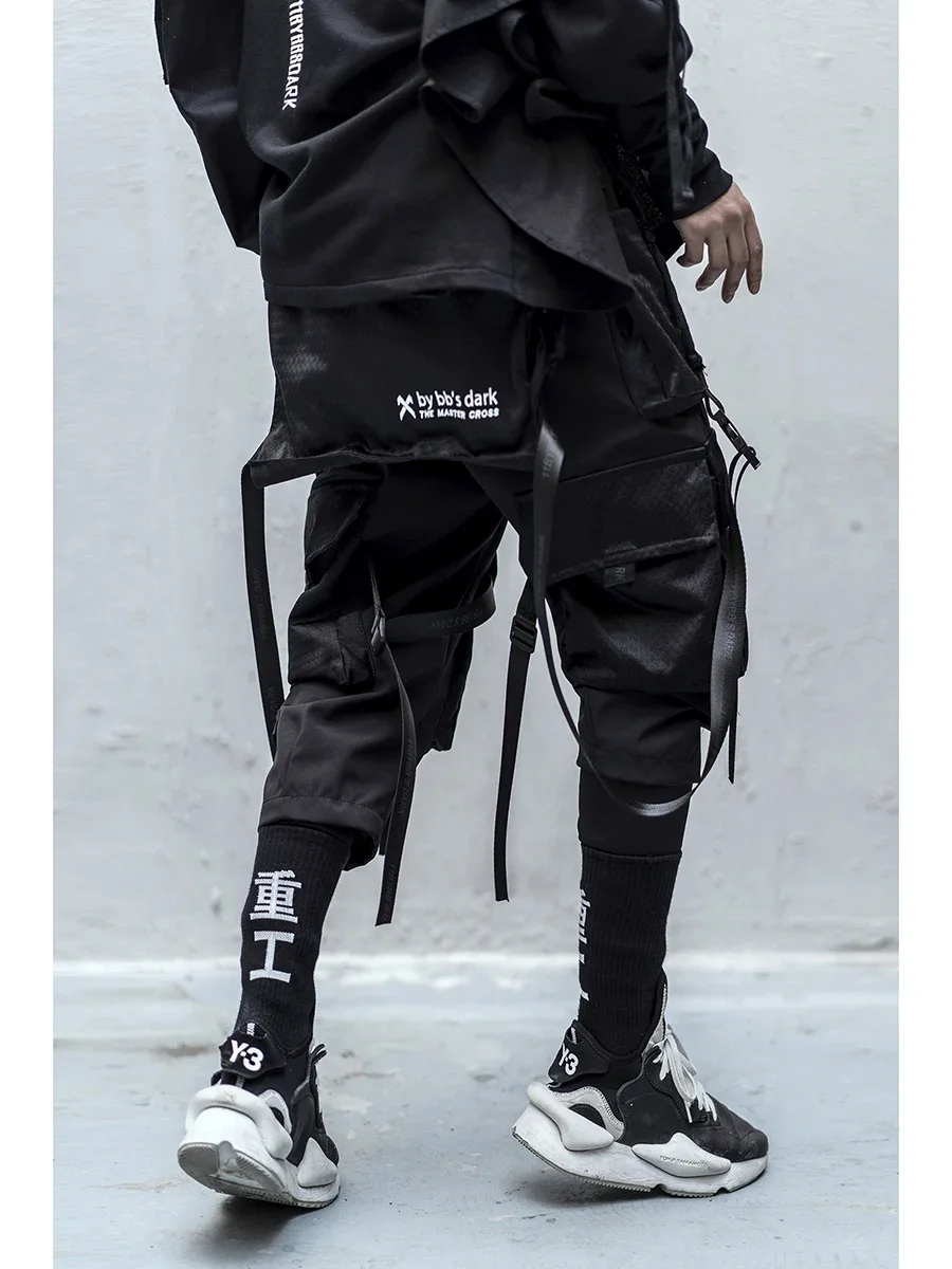 Techwear-男性用カーゴパンツ、ブラックストリートウェア、日本