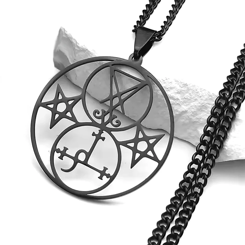 Lilith Pentagramm Siegel von Luzifer Kirche Halskette Edelstahl Satan Dämon Hohl Pentagramm Runde Halsketten Goth Schmuck N6218