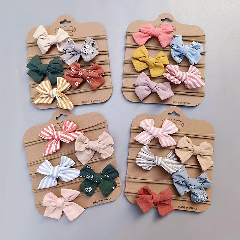 

5Pcs Baby Bow Headband Sets Girl Hairband Cotton Linen Newborn Floral Stripe Headbands Child Elastic Hair Band Cute Accessories