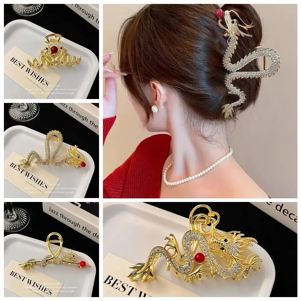 Red Zodiac Dragon Hair Claw Cartoon New Year Headwear Animal Hair Clip Hairpin Grab Clip Rhinestone Shark Clip Daily