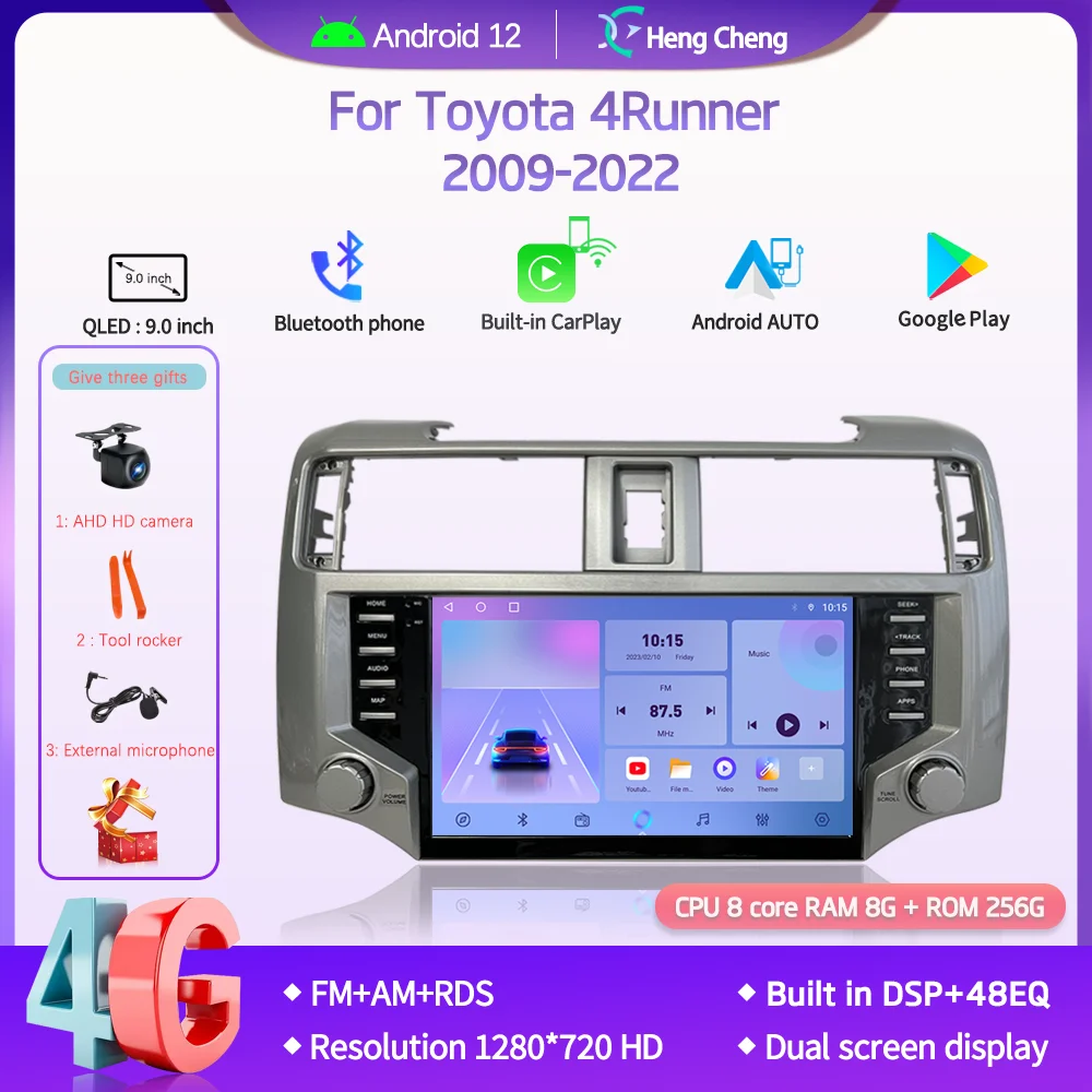 

9,0 "Android 12 Авто для Toyota 4runner 2009-2022 Автомобильный мультимедийный видеоплеер gps-навигация, радио, стерео 8 + 256G Carplay 4G