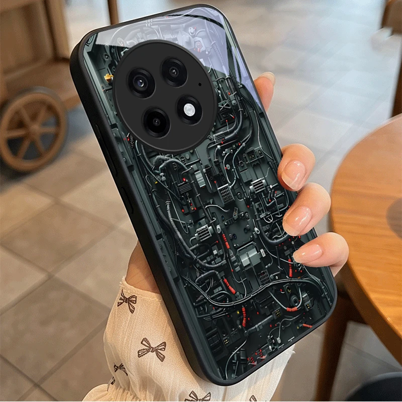 Elegant Black Glass Phone Case with Circuit Neural Network Design