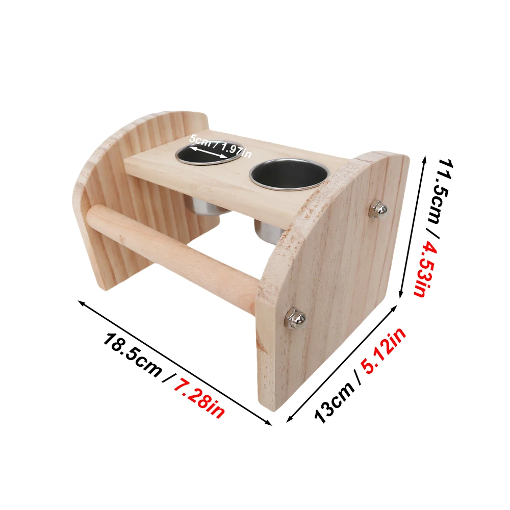 1 pc Wood Bird Standing Board Toy with Stainless Steel Bowls Bird Perch Feeding Cups for Small Animals Parrot Cage Supplies