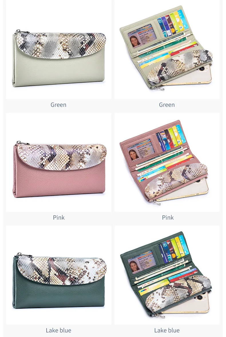 Kartenhalter aus echtem Leder, lang, weich, echtes Rindsleder, Damen-Geldbörse mit Serpentinenmuster, Rindsleder-Clutch – Detail 12