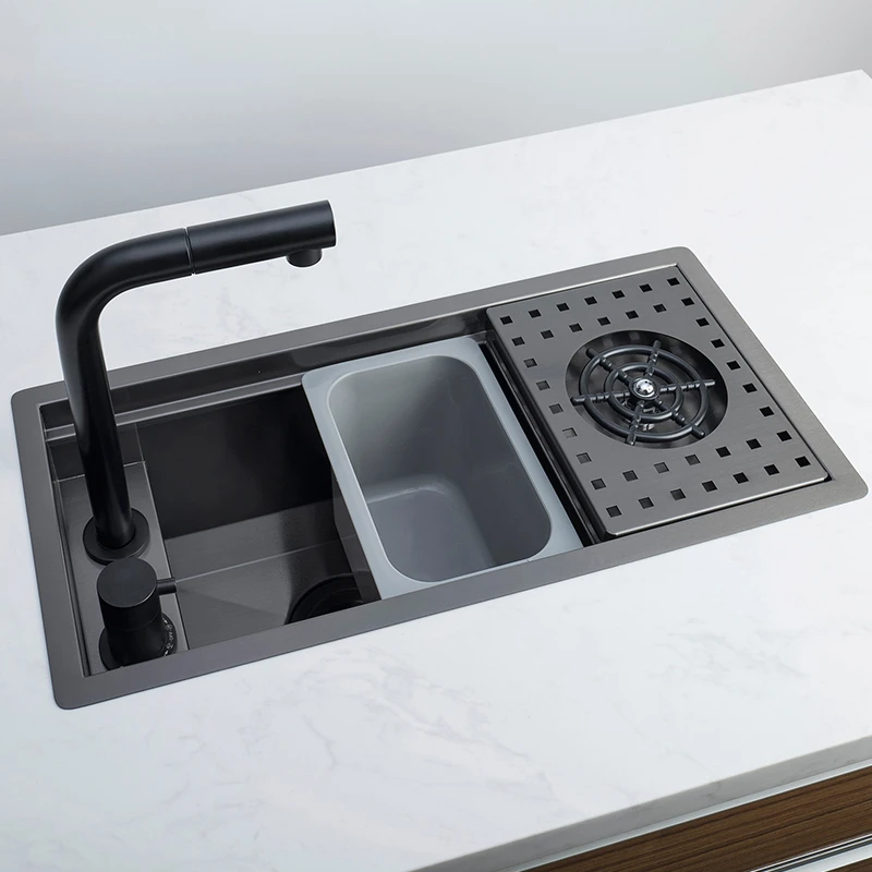 304 Stainless Steel Single-Bowl Kitchen Sink with Hidden Cup Washer and Narrow Basin