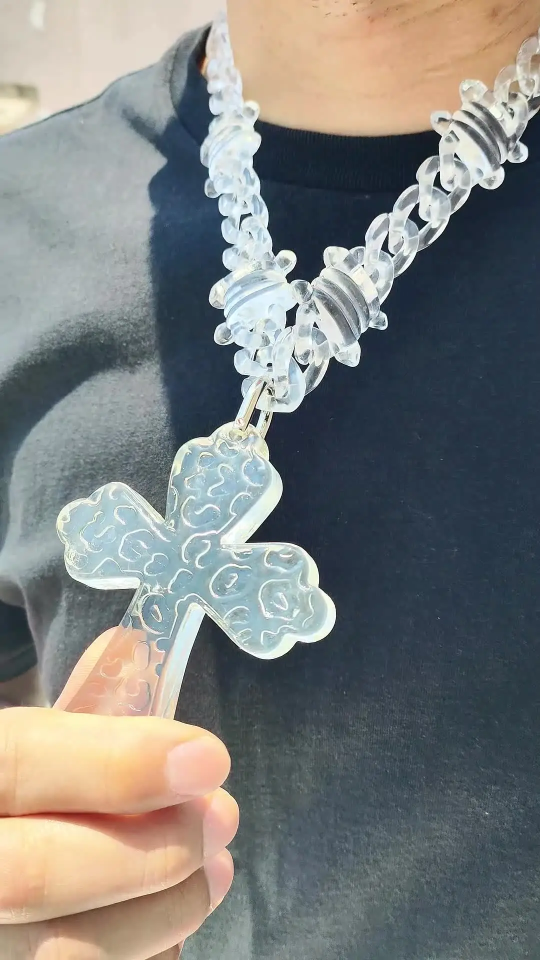 Hip Hop Iridescent Clear Big Cross Pendant Necklace for Men Punk