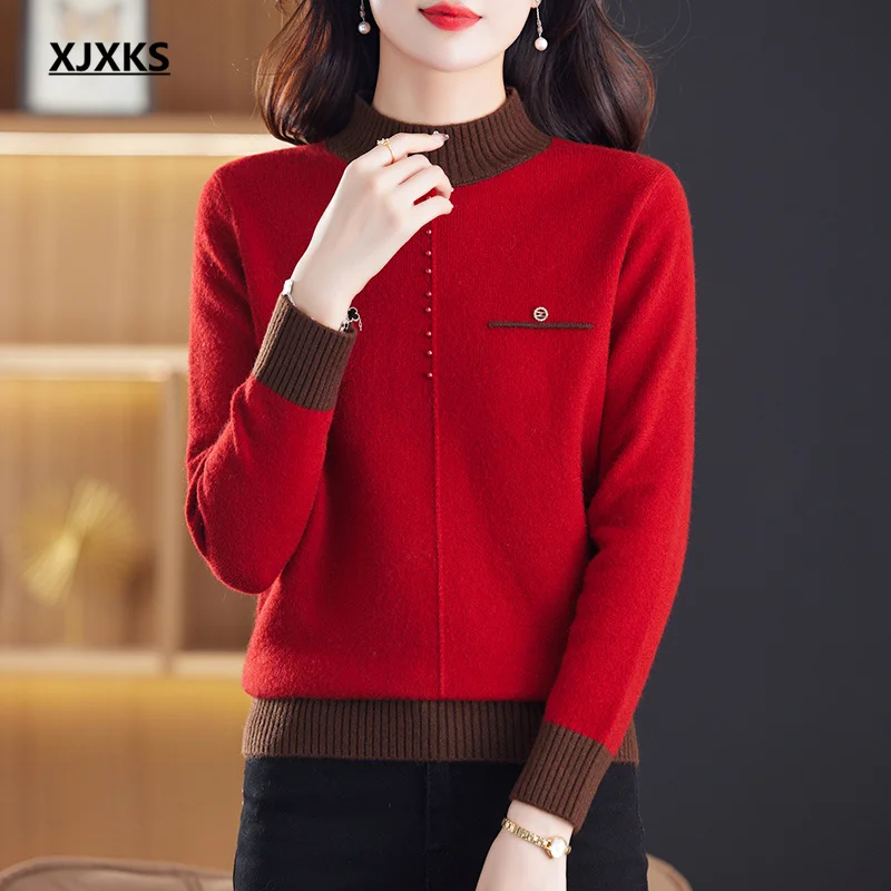 

XJXKS Fashion Colorblocking Women's Turtleneck Sweater 2024 Winter New Comfortable Warm Wool Knit Pullover knitwears