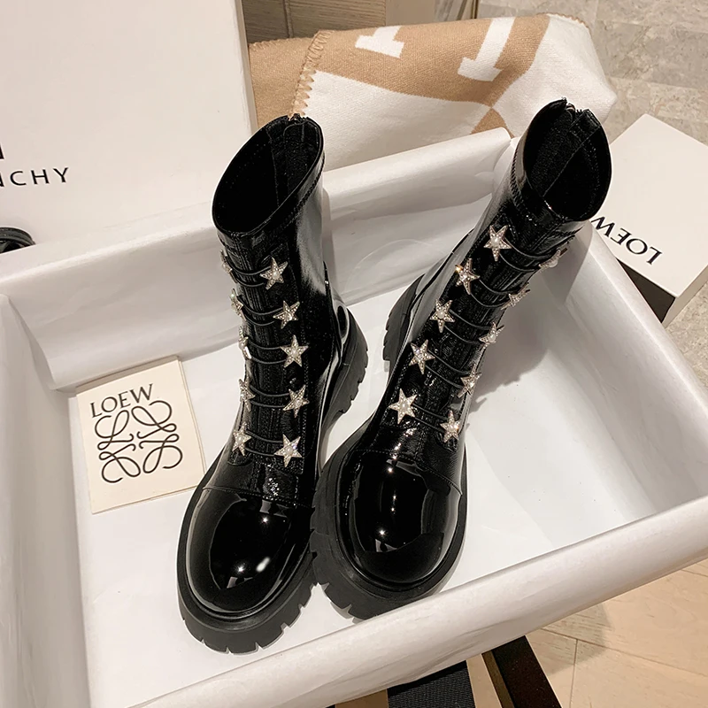 Ankle Boots Women Patent Leather Velvet Inside Star Rhinestone Designer  Shoes for Women Zipper Thick Soled Mid-Tube Modern Boots - AliExpress