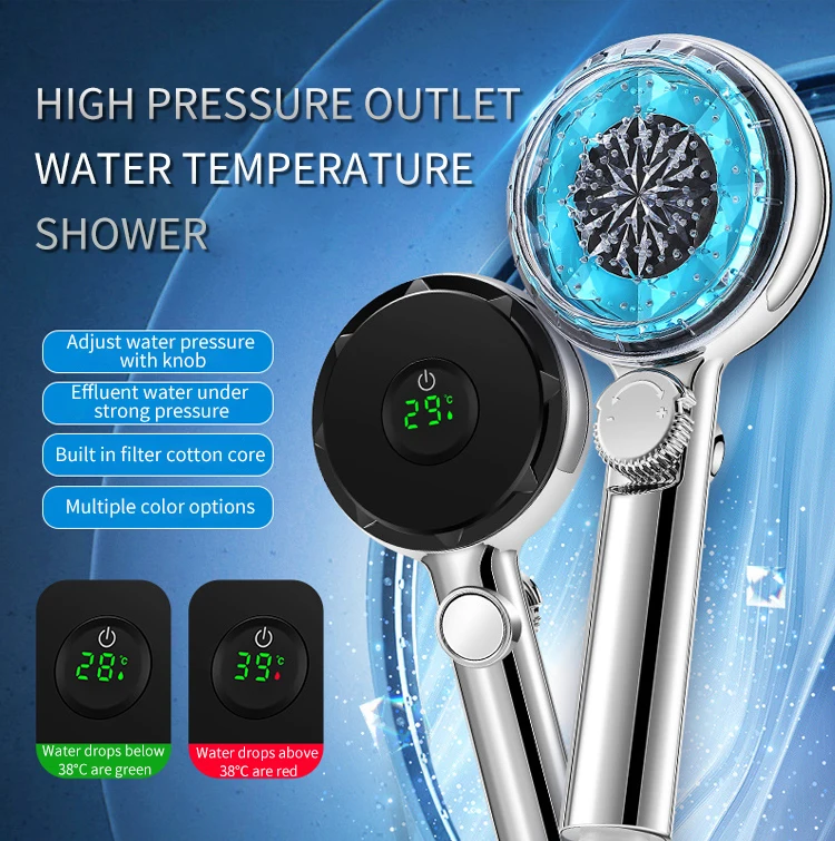 Water Saving Shower Head Adjustable High Pressure One-Key Stop Water Massage Shower Head Temperature Digital Display Bathroom Water Saving Shower Head Adjustable High Pressure One-Key Stop Water Massage Shower Head Temperature Digital Display Bathroom