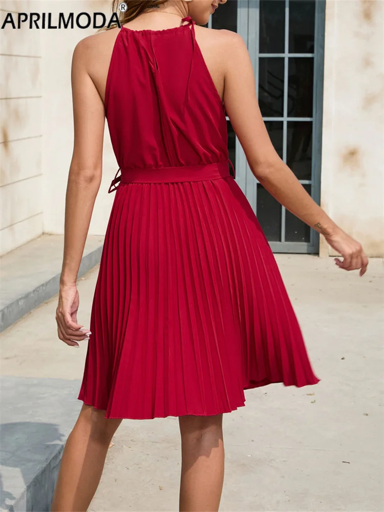 Sleeveless Halter Summer Pleated Party Dress Red Black Green Blue Solid  Casual Women High Waist Swing Short Dresses with Belt - AliExpress 200000345