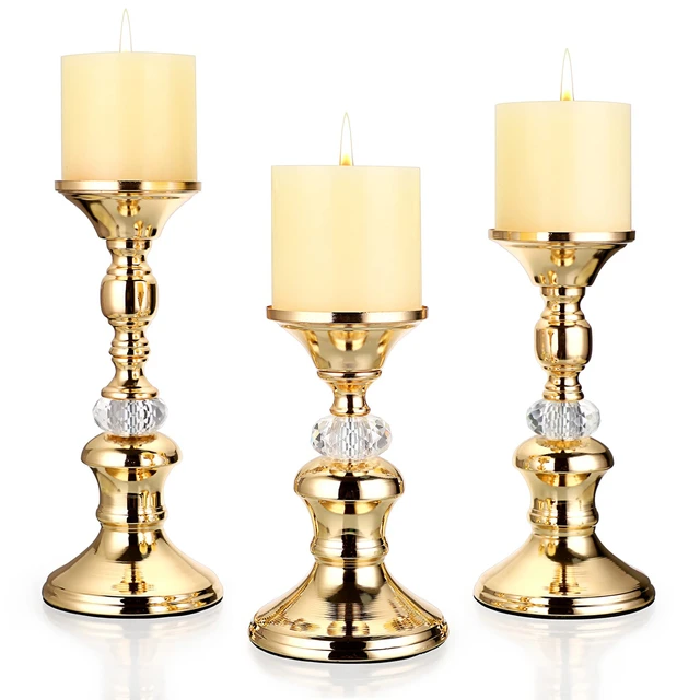 Gold Metal Pillar Candlestick Holders Vintage Pillar Candle Holders Elegant Metal Crystal Pillar Candle Stands