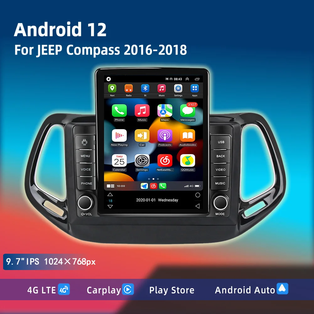 

9.7" Car Player For JEEP Compass 2016-2018 Carplay Android Auto TeslaStyle Vertical Multimedia Video Radio GPS Stereo Head Unit